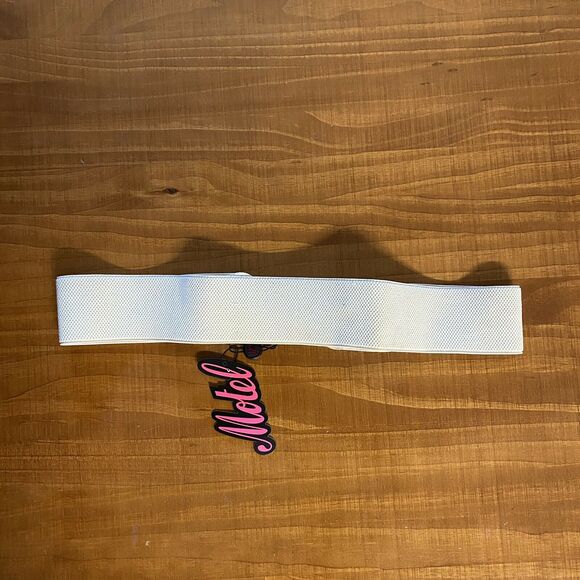 Vintage 80s motel cheetah head buckle gold tone Ivory Stretch belt Sz L - Picture 8 of 11